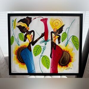 Folk Art of Two Women Canvas Oil Painting Wood Framed Signed